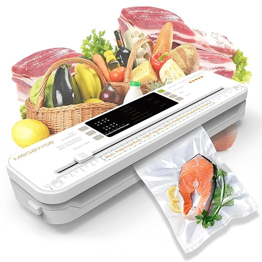 MEGAWISE Food Vacuum Sealer for Food Preservation, Freezer Storage & Meal Prep, Dry & Moist Modes, Built-in Cutter Compact, White