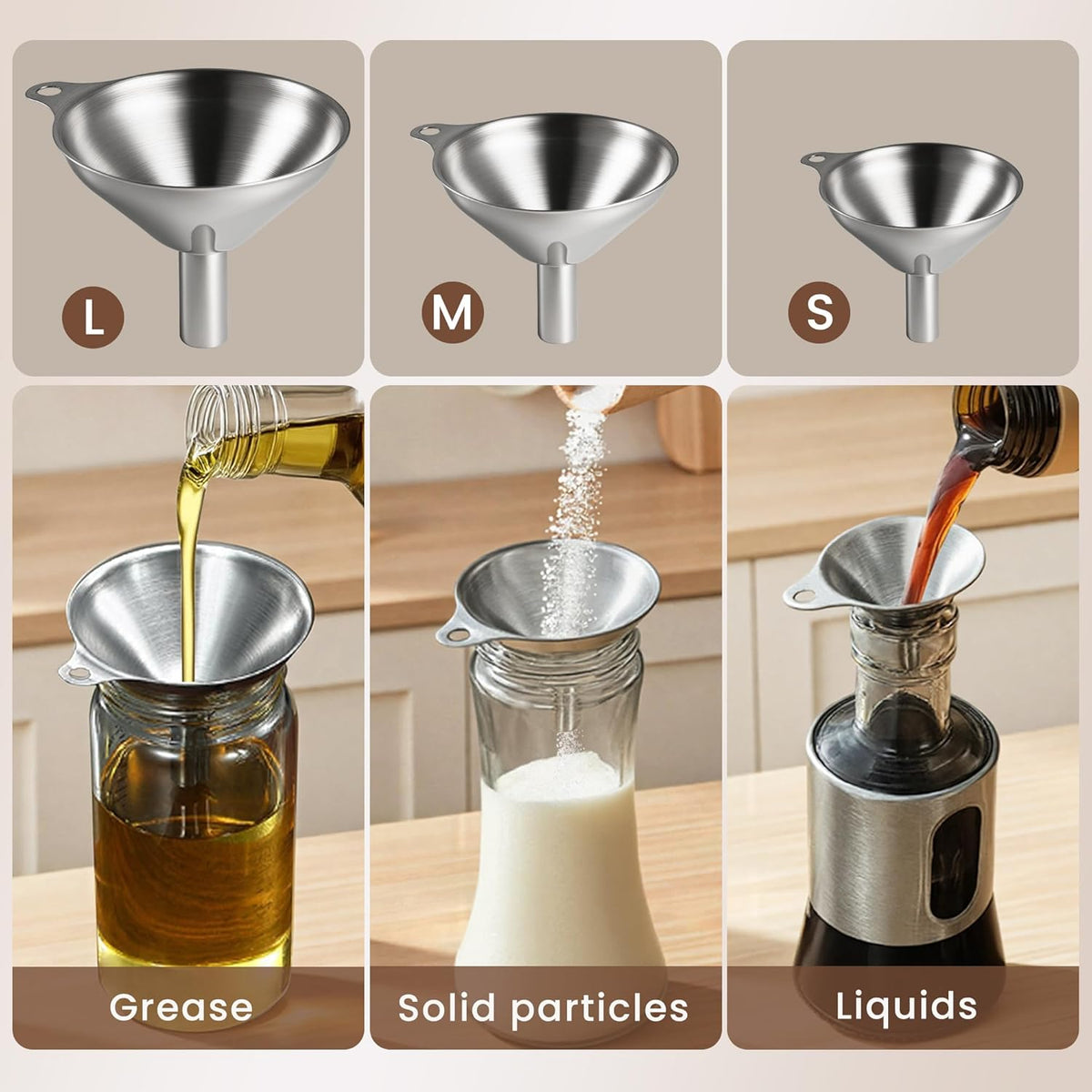 Supercenter Kitchen Funnel, Stainless Steel Mini Funnel, Set of 3, Perfect for Transferring Liquids, Oils, Powders, Spices, with Round Ring and Cleaning Brush