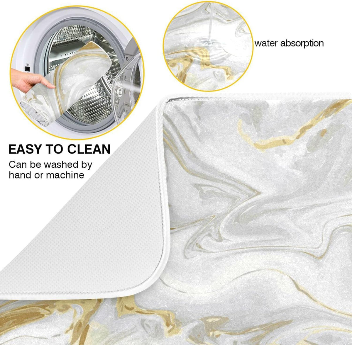 White Grey Gold Marble Fluid Dish Drying Mat for Kitchen Counter Absorbent Microfiber Drying Pad, Medium 16x18 in, Reversible Drainer Mats
