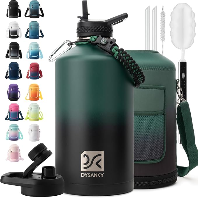 DYSANKY 1 Gallon Water Bottle Insulated | Thickened Stainless Steel Vacuum Metal Water Jug | Portable Sports Large for Gym and Hiking with Straw, Carrier Bag, Handle Strap | BPA-Free 128 oz