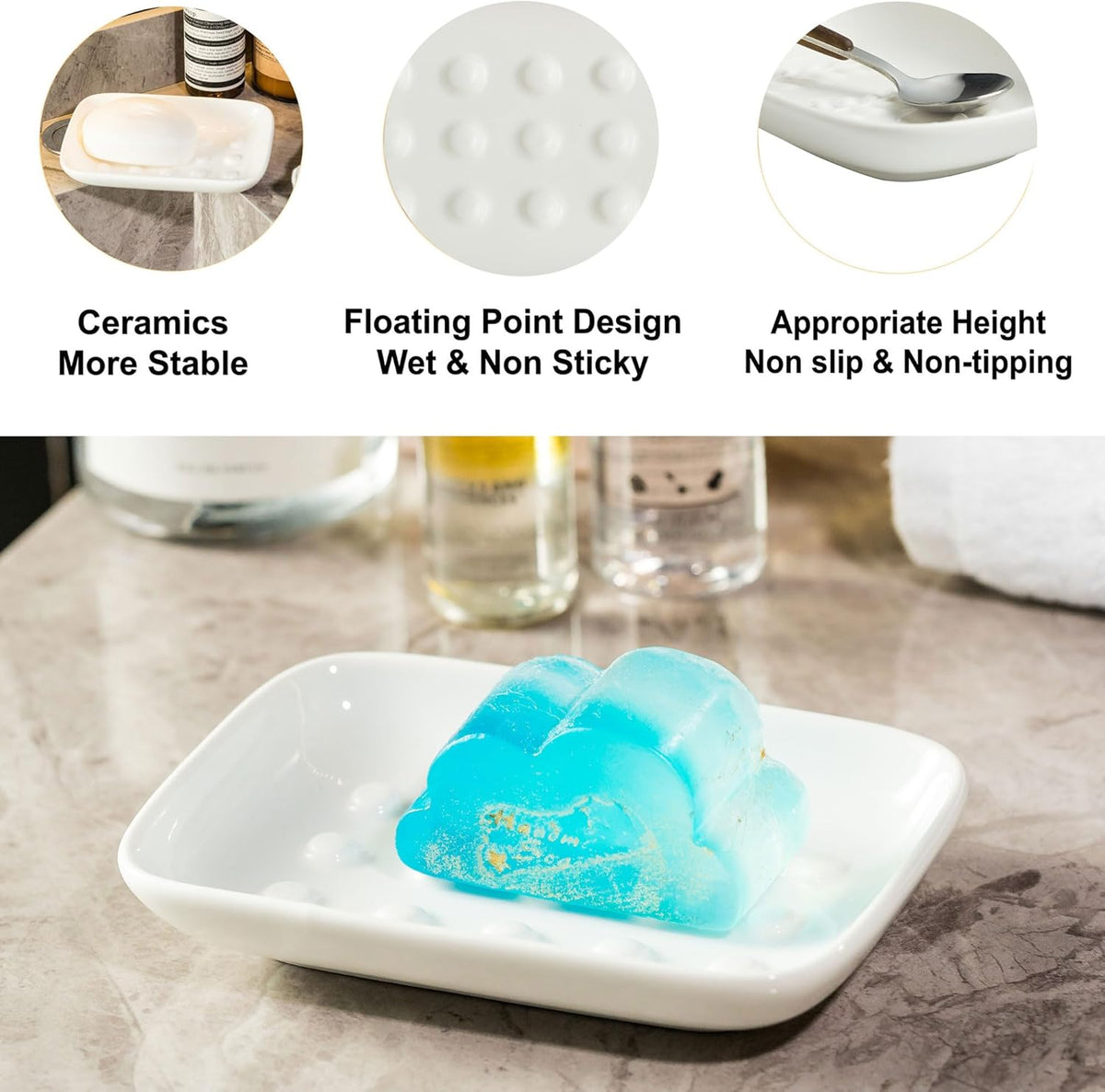 Soap Dish, Ceramic Soap Holder Shower Soap Dish for Bar Soap Sponge, Soap Saver Tray for Bathroom Kitchen Sink, White