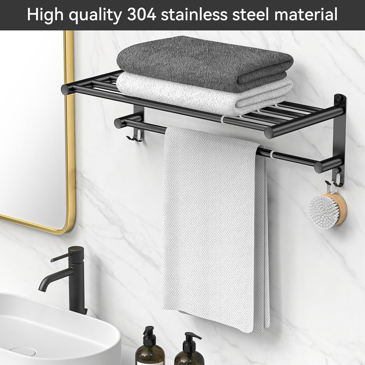 Adjustable Towel Bar for Bathroom Wall Mount17-30.7inch Adhesive Shower Towel Rack Stainless Steel Bath Towel Holders for Toilet Kitchen Double Towel Hanger (Black 2-Layer Towel Rack)