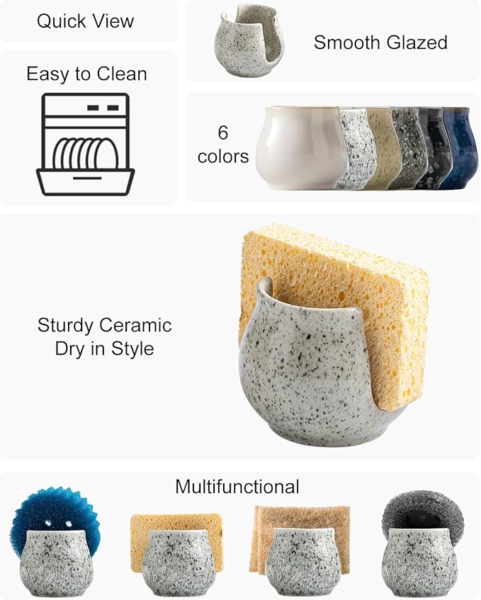 Sponge Holder for Kitchen Sink, Ceramic Dish Sponge Dish Rack Scrubby Caddy Kitchen Organizer Cute Sink Caddy Organizer, Farmhouse Decor, Speckled Glaze