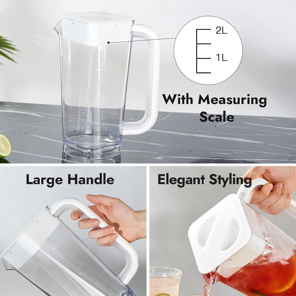 CURTA 2 Pack 2 Liters/68 oz clear Plastic Square Pitcher with Lid & Handle for Kitchen,ICED JUICE and Coffee Carafe Beverage Serveware, Acrylic Water Jug for Hot/Cold Drinks&lemonade