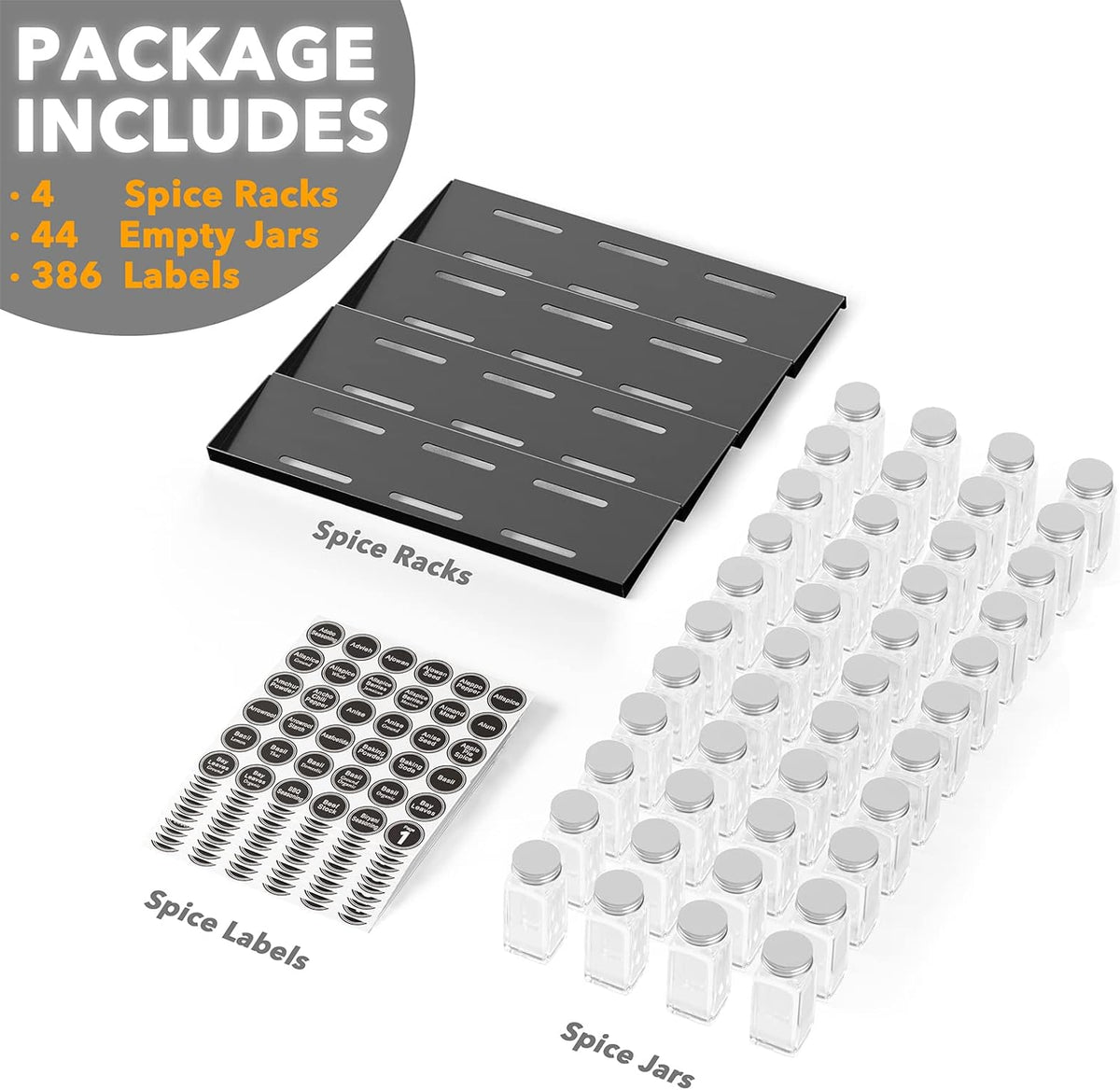 SpaceAid Spice Drawer Organizer with 44 Spice Jars, 386 Spice Labels, 4 Tier Seasoning Rack Tray Insert for Kitchen Drawers, 20.25" Wide x 17.5" Deep