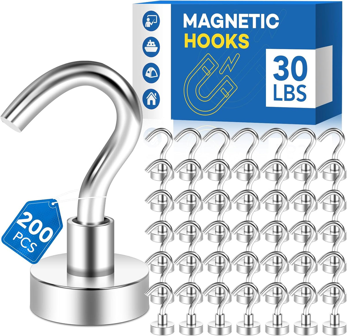 LOVIMAG Strong Magnetic Hooks, 30Lbs Magnetic Hooks Neodymium Magnets with Hooks for Refrigerator, Magnetic Cruise Hooks for Hanging, Classroom, Office, and Kitchen - Pack of 200