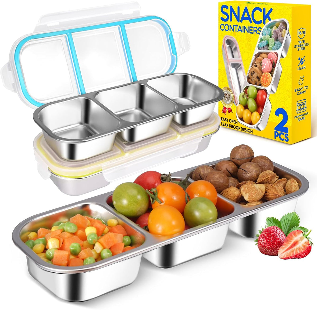 2Pack Stainless Steel Snack Containers for Kids Adults, Reusable 3 Compartment Snackle Box Container with Leakproof Lids Metal Bento Lunch Boxs Food Storage Containers for Travel Picnics Office School