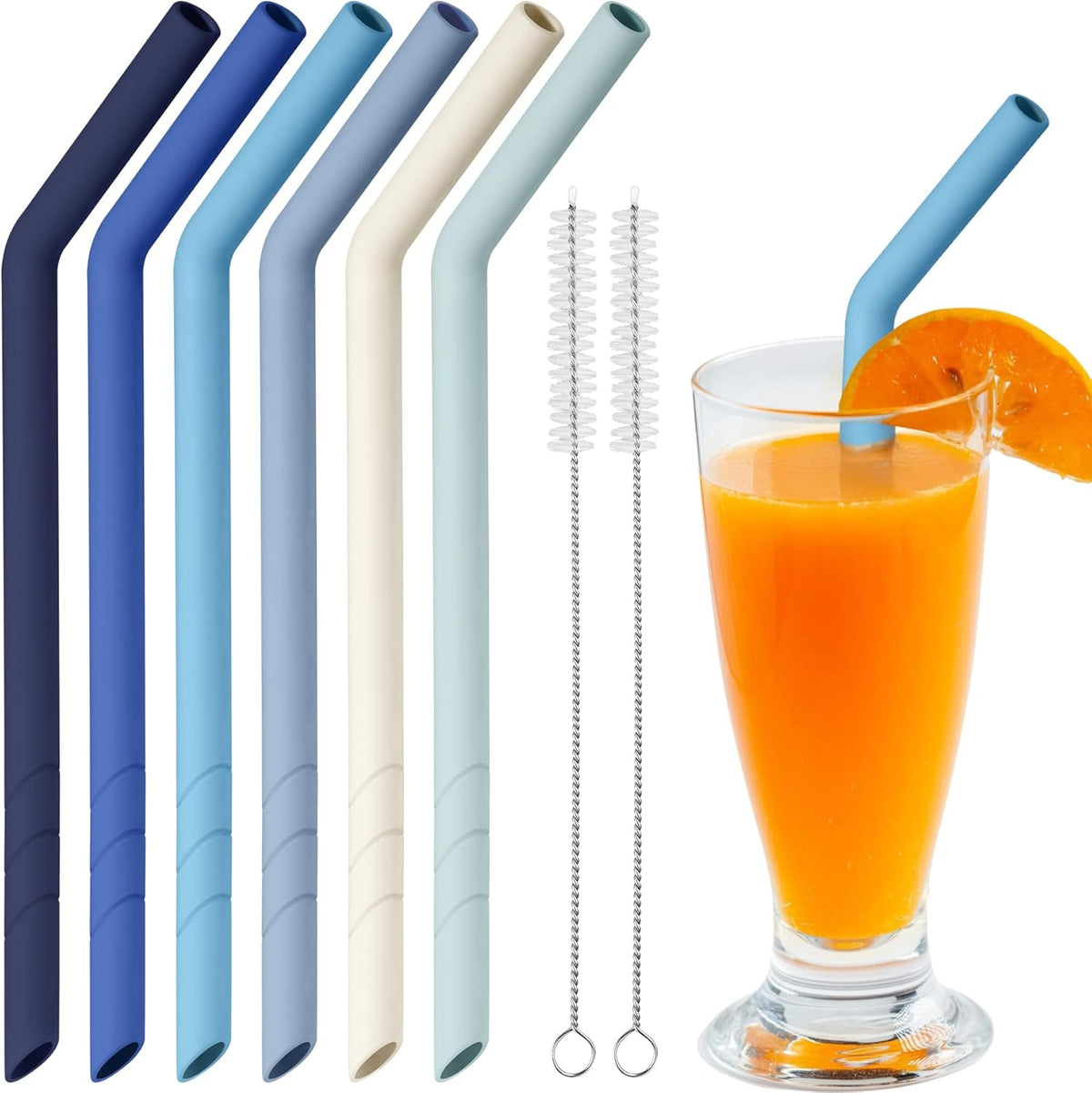 NiHome 6PCS Extra Wide Reusable Bent Silicone Straws for Boba, Smoothies, Bubble Tea, Bent Straws for Thick Drinks, Child-Safe, Customizable Length, 2 Brushes Easy Cleaning (Ocean Colors)