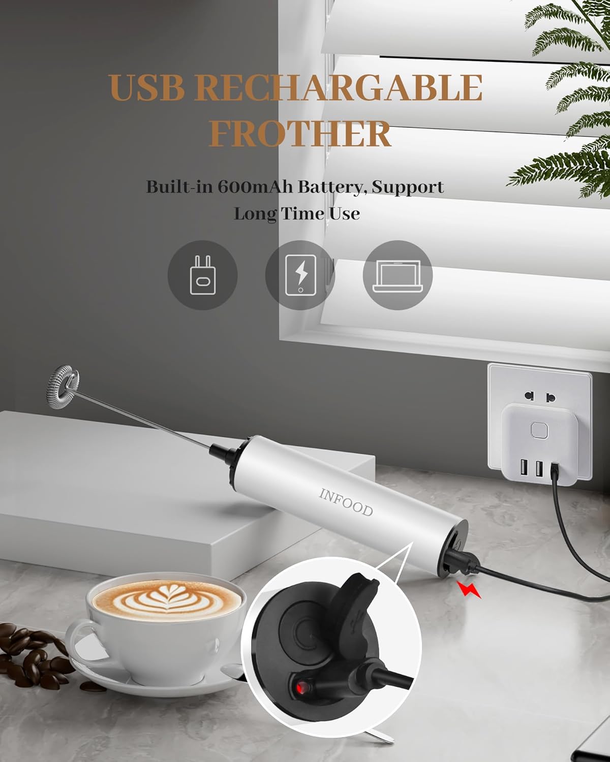 Milk Frother Rechargeable with Cover - Coffee Frother Wand, Drink Mixer Handheld with 2 Detachable Stainless Whisks 2 Speed Adjustable for Latte, Cappuccino, Hot Chocolate, Egg, White