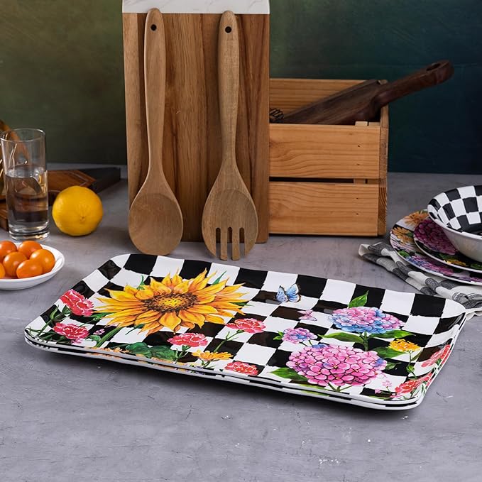 LEHAHA Rectangular Melamine Sunflower Serving Tray, 2-Piece Hydrangea Serving Platter Set, 17.5" x 10" Colorful Trays/Platters Sets for Outdoor and Indoor Dining and Entertaining Parties,Black Plaid