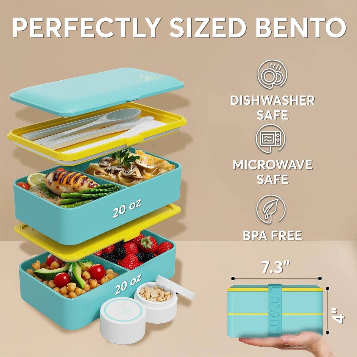 Umami Bento Box Adult All-in-1 w/ 4 Utensils, 100% Leakproof, Dishwasher & Microwave Safe Lunch Containers for Adults w/ 4 Compartments, Fresh Turquoise, 40 oz