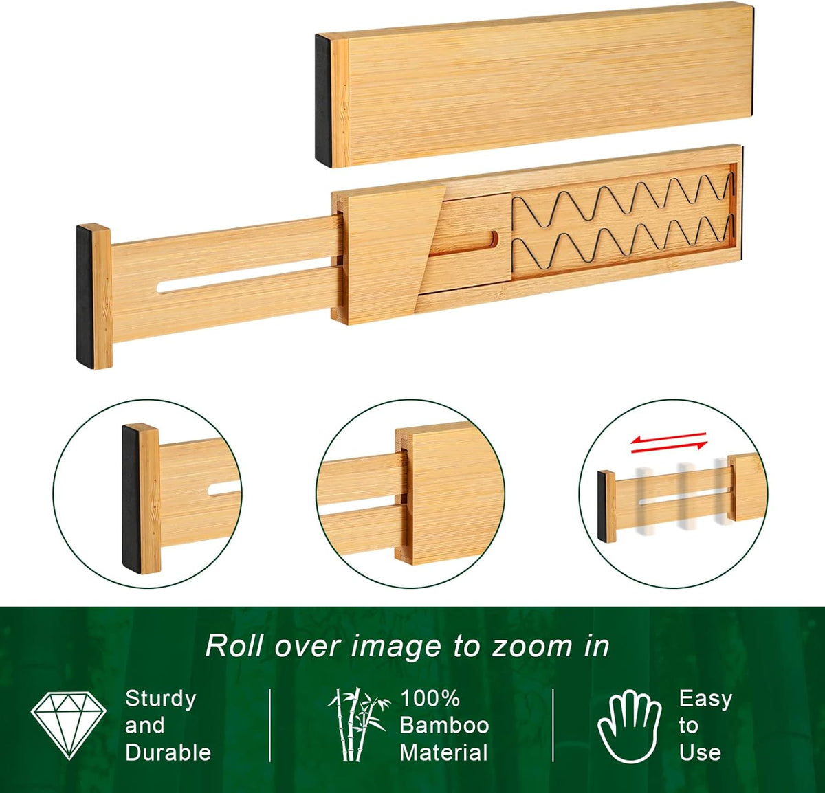 4 Pack Bamboo Drawer Dividers, Adjustable Length from 12 Inch to 17 Inch, Expandable Kitchen Drawer Organizer, Drawer Organization Separators for Clothes, Kitchen, Bedroom, Dresser, Office (Beige)