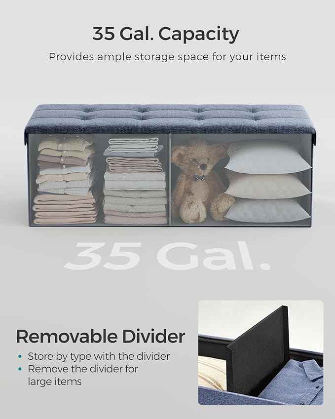 SONGMICS MAZIE Collection - 43 Inches Folding Storage Ottoman Bench, Ottoman Foot Rest, End of Bed Bench, Storage Chest, Load 660 lb, for Living Room, Bedroom, Entryway, Misty Blue ULSF077Q01