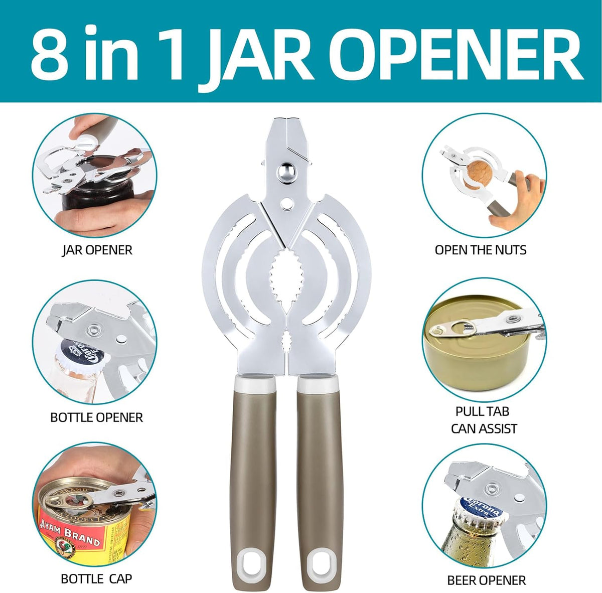 Jar Opener, Multifunctional Jar Openers for Seniors, Stainless Steel Jar Lid Opener, Easy Twist Bottle Opener for Seniors with Arthritis