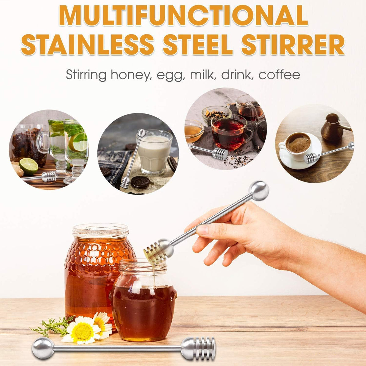 DUGATO Honey Dipper Set (2 Pack, 6.3") - 304 Stainless Steel Honeycomb Sticks for Honey Pot Jar, Syrup Drizzler, Tea & Coffee Stirrer - Elegant Kitchen Utensil (Stainless Steel)