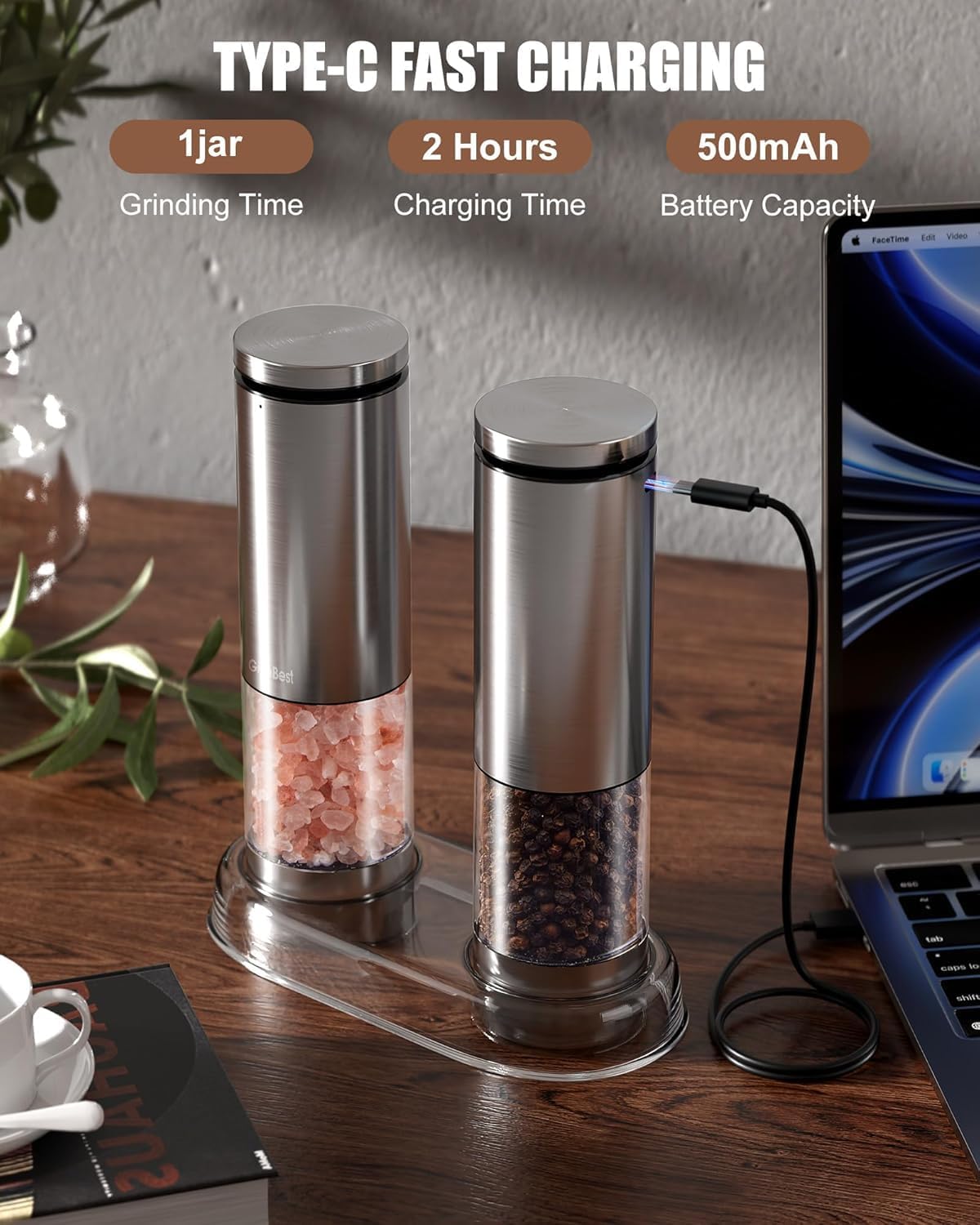 GiveBest Electric Salt and Pepper Grinder Set – Rechargeable Stainless Steel Mills, 100 ml Automatic Shakers Set with 6-Level Adjustable Coarseness and Light, Upgraded Larger Capacity