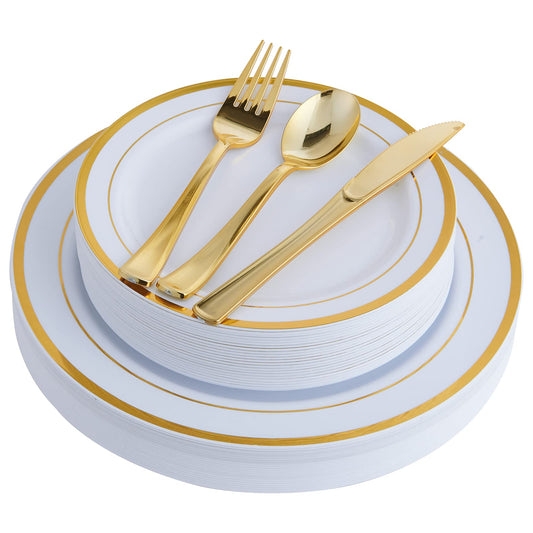 125 Count Gold Plastic Plates Include 25 Dinner Plates 25 Disposable Dessert & Gold Disposable Silverware, Plastic Dinnerware Set Providing for 25 Guests Suitable for Party Wedding
