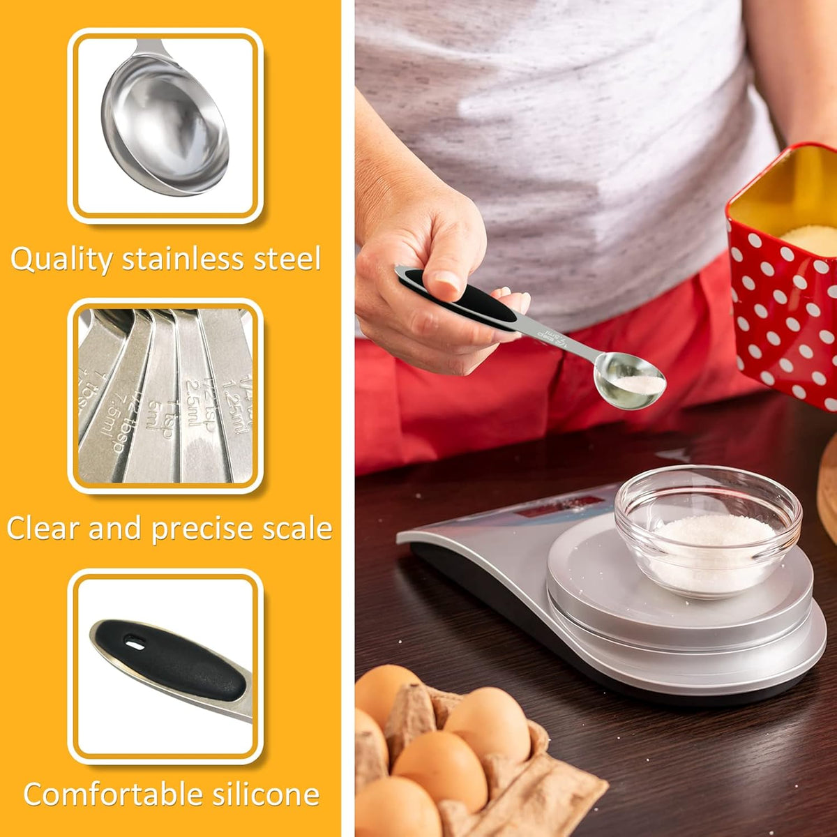 1PCS 1/2 Tbsp(1.5tsp, 1/4oz, 7.5ml) Single Measuring Spoon with Black Silicone Grip, Stainless Steel Individual Measure Scoop Only