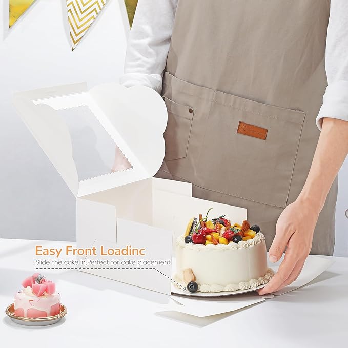 Small Cake Boxes 8 Inch with Window, 4 Set Bakery Boxes with Cake Boards & Stickers, Cupcake Box for Birthday, Party, Wedding, Mother's Day, Valentine's Day, Christmas（8x8x5 inch）