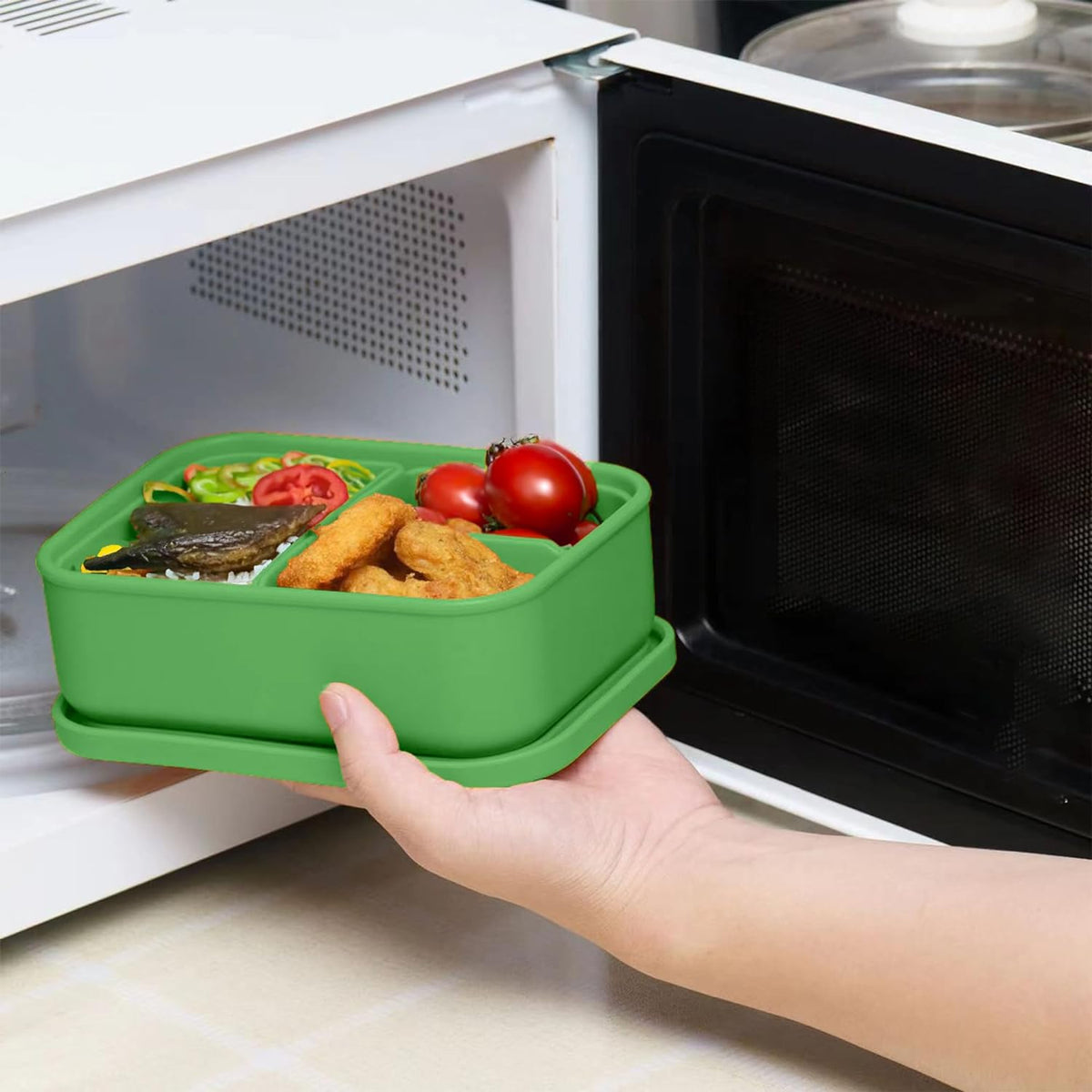 Platinum Silicone Bento Lunch Box Set of 2 – 3 Compartments, Leakproof, Versatile, Durable, Microwave & Freezer Safe, Meal Prep, Food Storage for All Ages (Watermelon Green & Gold Honey)