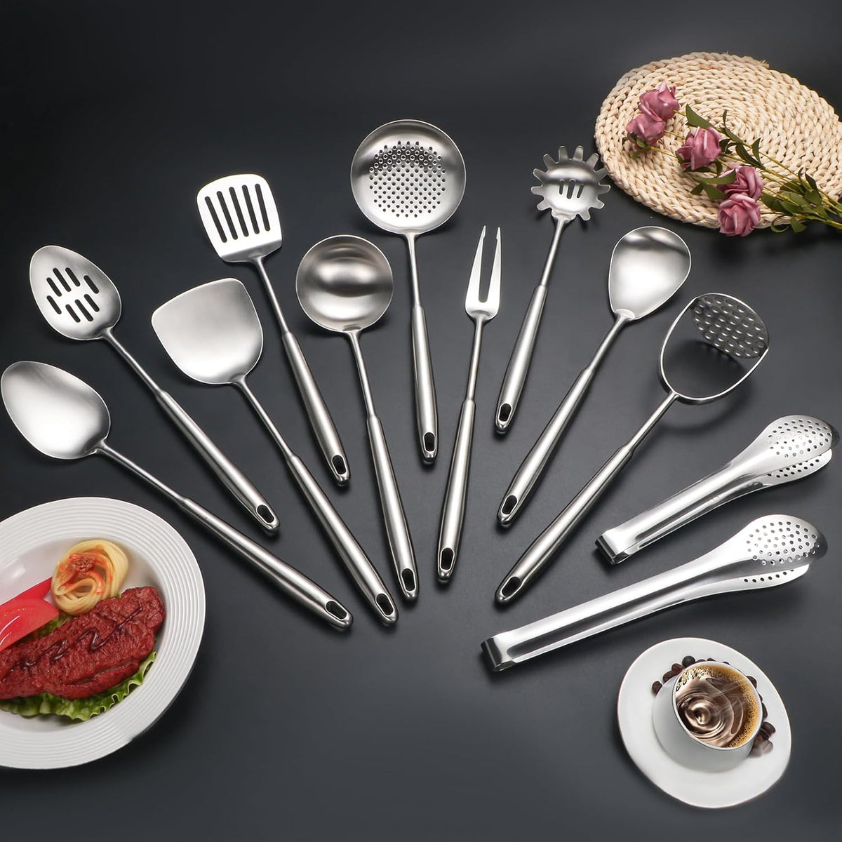 304 Stainlss Steel Kitchen Utensils Set, 12 Pcs Long Metal Cooking Utensil Gadgets Tools Set with Spatula, Ladle, Spoon, Ladle, Skimmer, Tunner, Pasta Server, Tongs(Silver, Dishwasher Safe)