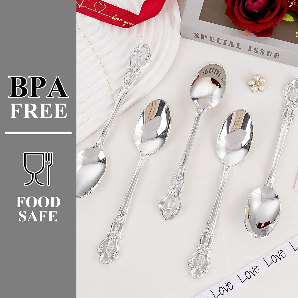30PCS Silver Plastic Spoons - Silver Spoons Disposable - 8.1 Inch Heavy Duty Plastic Silverware - Heavyweight Elegant Disposable Utensils for Catering, Parties, Dinners, Weddings