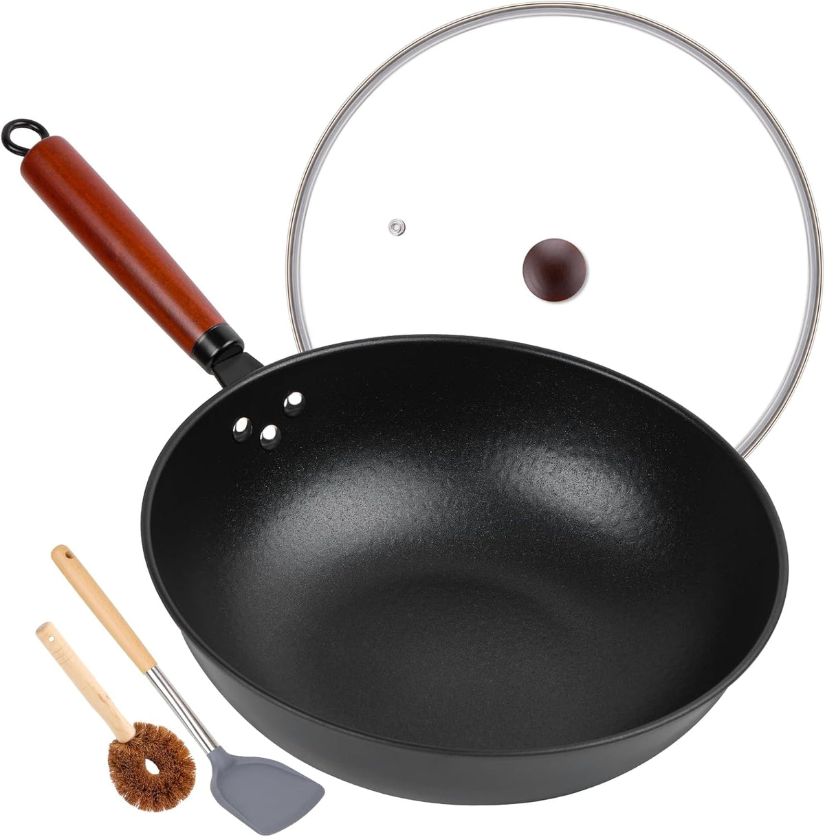 13" Nonstick Wok - Wok Pan with Glass Cover, Carbon Steel Woks & Stir-Fry Pans: Flat Bottom Chinese woks for Electric, Induction, Gas, All Stoves