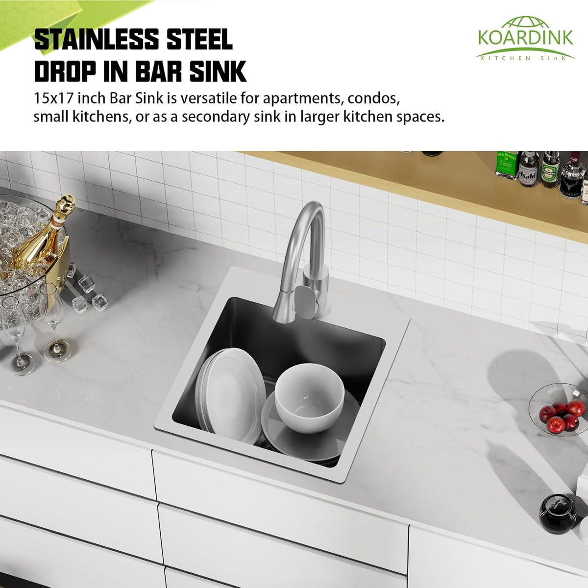 Kitchen And Bar Sink, 15x17 Inch Stainless Steel Drop In Kitchen Sink Modern Single Bowl Topmount Bar Sink Combo-Silicon Mat,Drain Strainer Set Compatibility With Various Kitchen & Bar Style