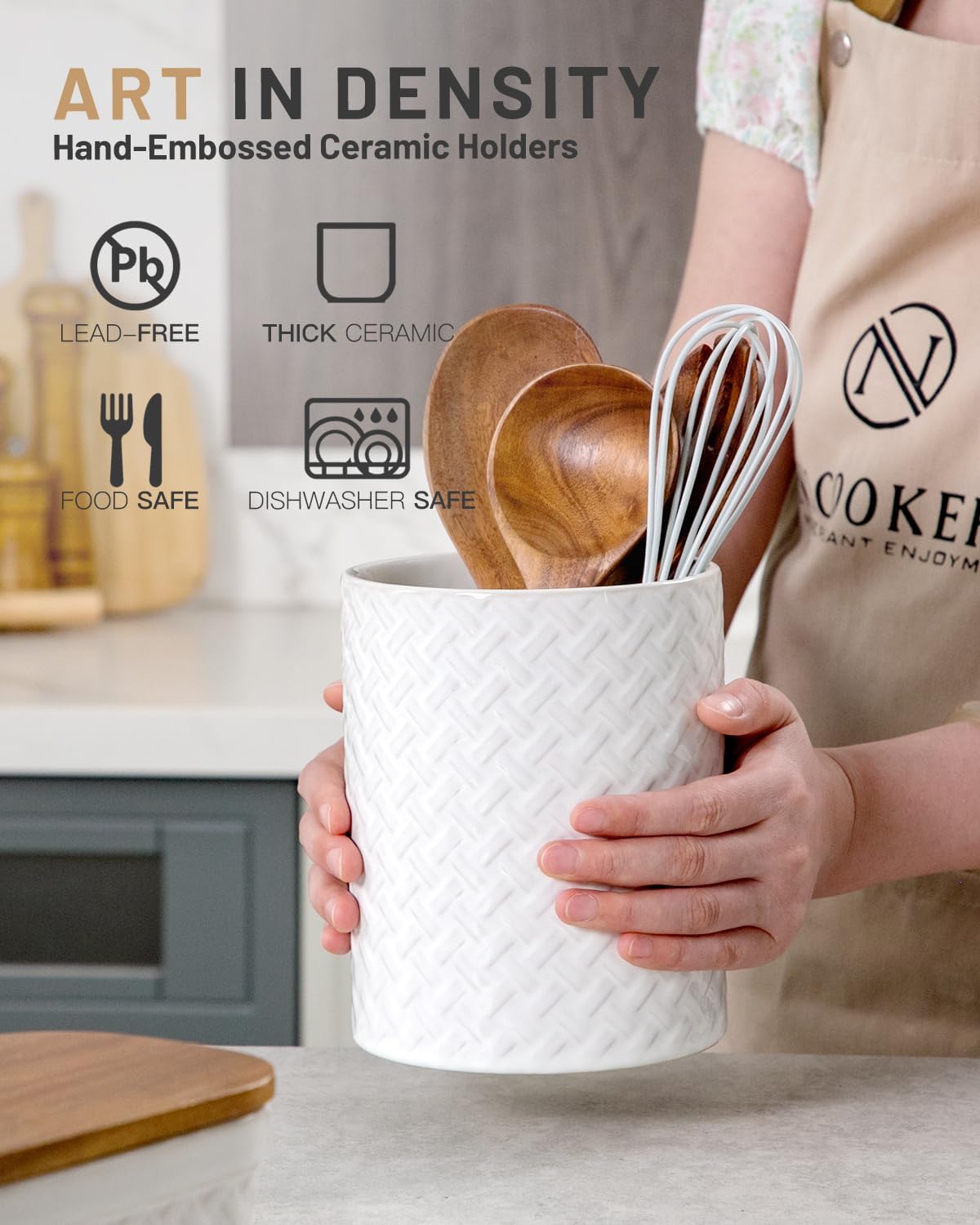 Nucookery 6.4'' Utensil Holder - Ceramic Utensil Holder for Kitchen Counter, Large Capacity Countertop Storage, Farmhouse Style Utensil Crock Organizer for Spoons, Spatulas & Cooking Tools
