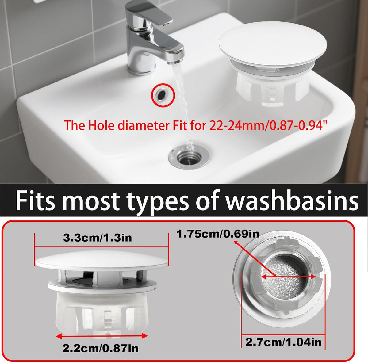 2 Pack Sink Basin Overflow Trim Ring,Solid Brass Bathroom Sink Trim Overfollow Cover,Sink Trim Overflow Cover Insert in Hole Round Caps or Kitchen Bathroom(White)