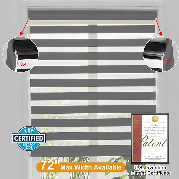 Persilux Cordless Zebra Blinds for Windows Free-Stop Roller Windows Shades (24" W X 72" H, Black) Dual Layer Light Control for Day and Night, Light Filtering Sheer Shades for Home, Bedroom