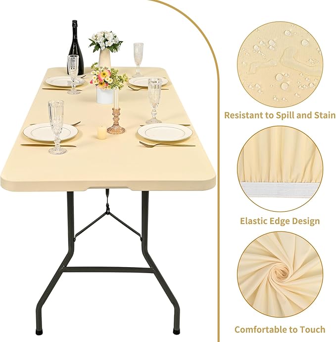 6 Pack Stretch Fabric Table Top Cap Cover, fits 6' Tables, Spandex Table Covers Washable Elastic Rectangle Tablecloth Protector for Indoor Outdoor Party Picnic Wedding, Beige, 30" W x 72" L