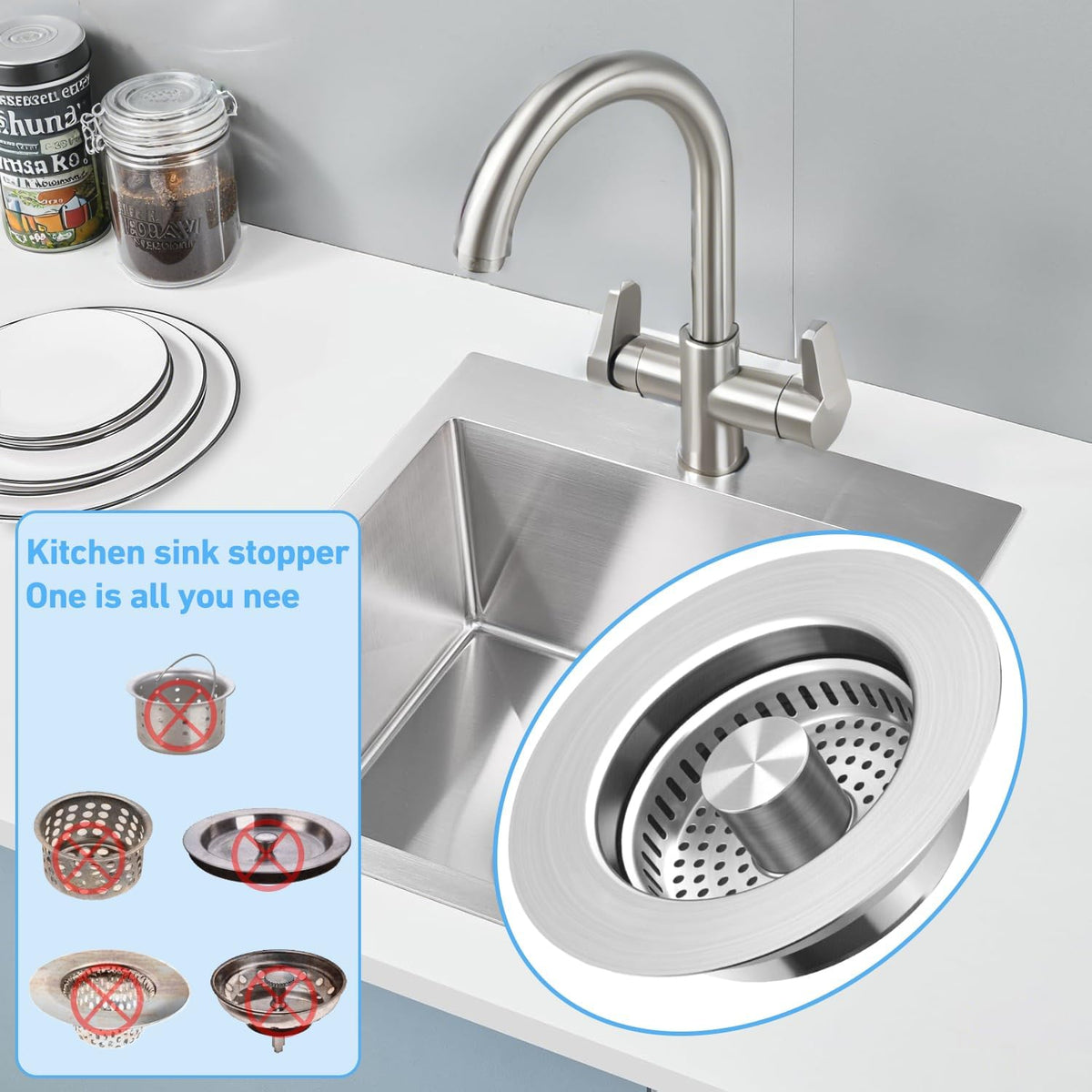 3-in-1 Kitchen Sink Drain Strainer Stopper, Upgraded Stainless Steel Sink Plug with Anti-Clog Filter Basket, Fits Standard 3-1/2 Inch Drain Hole, Pop Up Garbage Disposal Cover, Universal Food Catcher