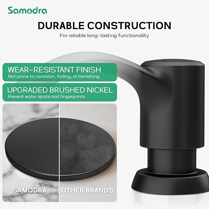 SAMODRA Built in Kitchen Sink Soap Dispenser (Matte Black) with 12 oz Large PET Lotion Bottle, Refill from Top
