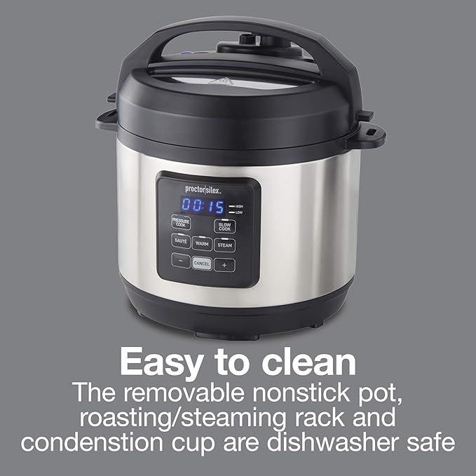 Proctor Silex Proctor-Silex Simplicity 4-in-1 Electric Pressure Cooker, 3 Quart Multi-Function With Slow Cook, Steam, Sauté, Rice, Stainless Steel (34503)