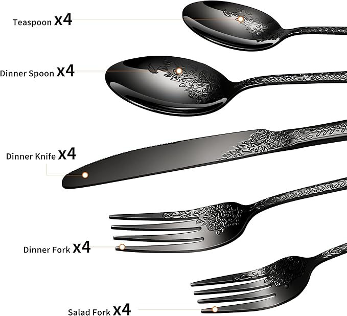 Floral 20 Pcs Black Silverware Set for 4, Food Grade Stainless Steel Flatware Set with Rose Flower Embossed Design, Eating Utensils Sets Include Fork/Knife/Spoon, Reusable Cutlery Set, Dishwasher Safe