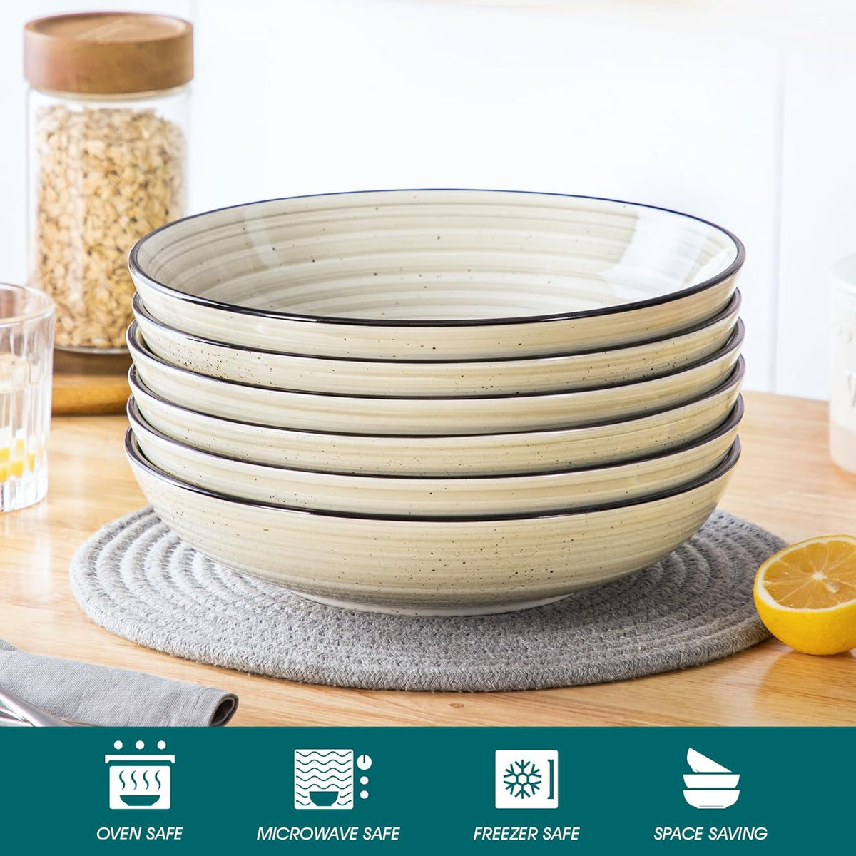 vancasso Bonbon Large Pasta Bowls Set of 6, 50 Oz Ceramic Salad Bowls, Wide and Shallow Bowls Set, Large Serving Bowls for Kitchen, Beige