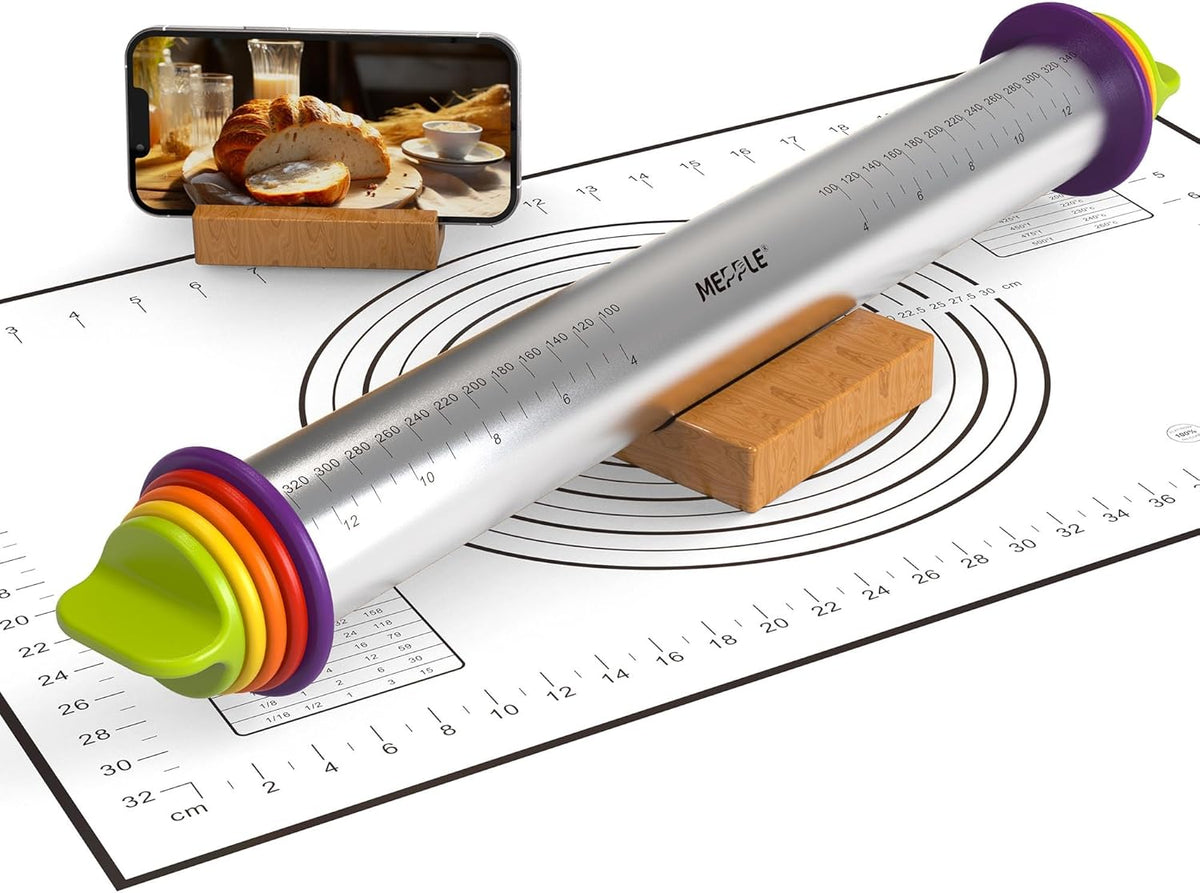 Stainless Steel Rolling Pin with Thickness Rings and Pastry Baking Mat, 13.6" Adjustable Rolling Pin Dough Roller for Baking Cookie Pizza, Comes with Large Silicone Pastry Mat and Wooden Stand