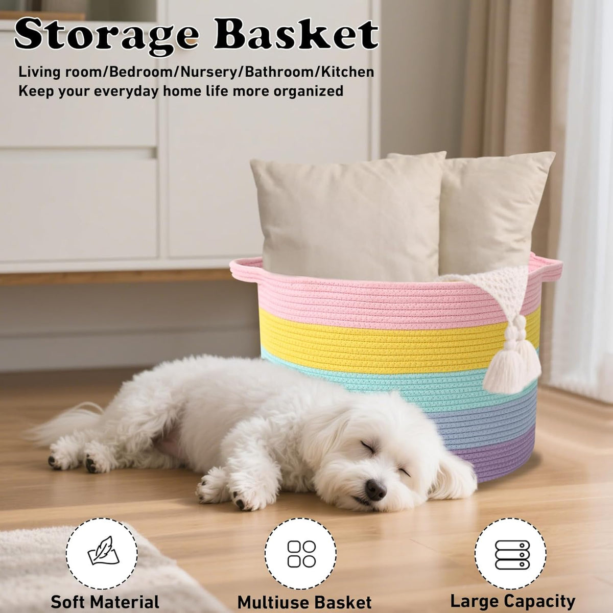 Large Blanket Basket for Organizing,65L Closet Organizers and Storage Bins Box for Shelves Woven Rope Storage Baskets,Living Room,Bedroom,Dorm,Laundry room (Colorful)