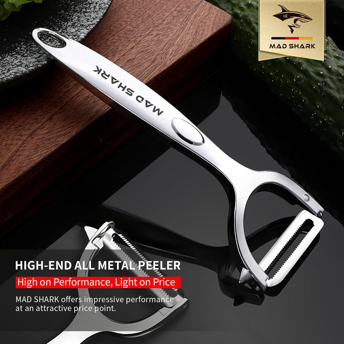 MAD SHARK Ultra Sharp vegetable peelers for kitchen – 10 Years No-Rust Stainless Steel Serrated Potato Peeler Easy to Use Y Peeler with Durable Non-Slip Ergonomic Grips for Carrots, Fruits, Veggie