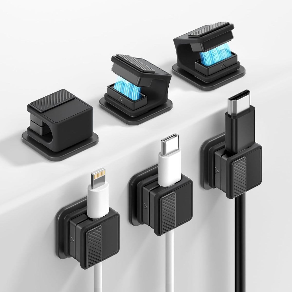 6 Pack Magnetic Cable Clips, Glow in The Dark Cable Holders, GolbinBox Cord Organizer with Shockproof Silicone, Fits up to 8mm Adhesive Cord Clips for Desk, Wall, Nightstand, Car, Home, Office, Black