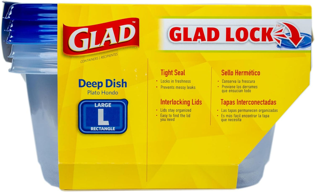 Glad GladWare Deep Dish Food Storage Containers, Large Rectangle - Meal Container Holds up to 64 Ounces of Food - Lock Tight Seal, 3 Count
