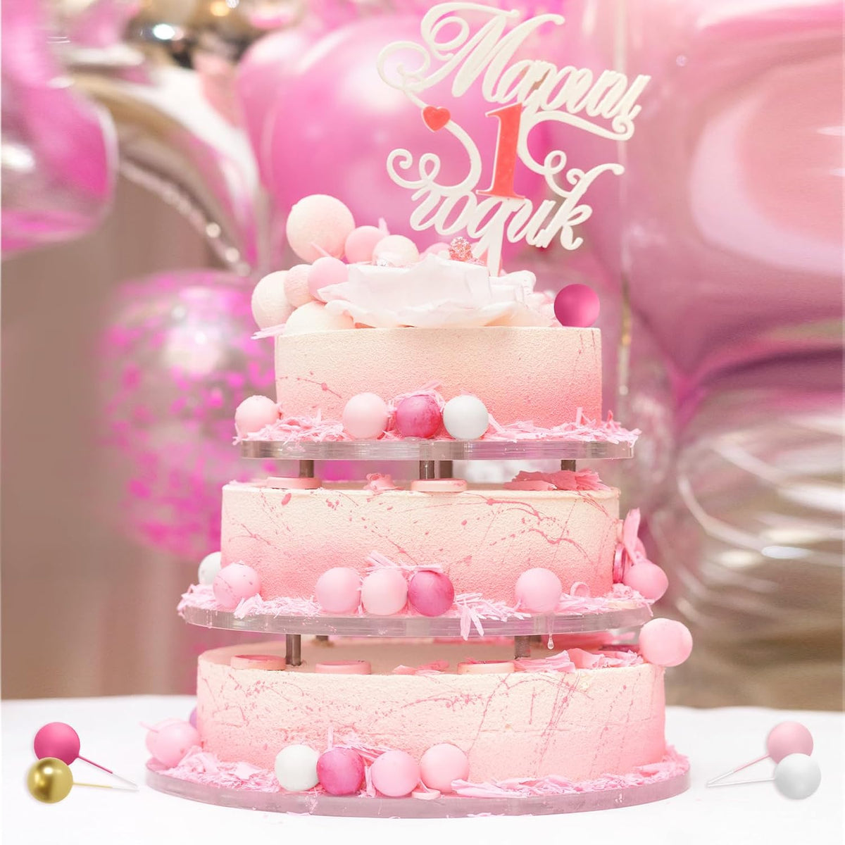 48 Pcs Balls Cake Topper Decorations Balloon Cupcake Toppers Foam Cake Topper Balls Cake Balls Decorations for Birthday Party Wedding Anniversary Cake Decorating (Rose Red, Pink, White, Gold)