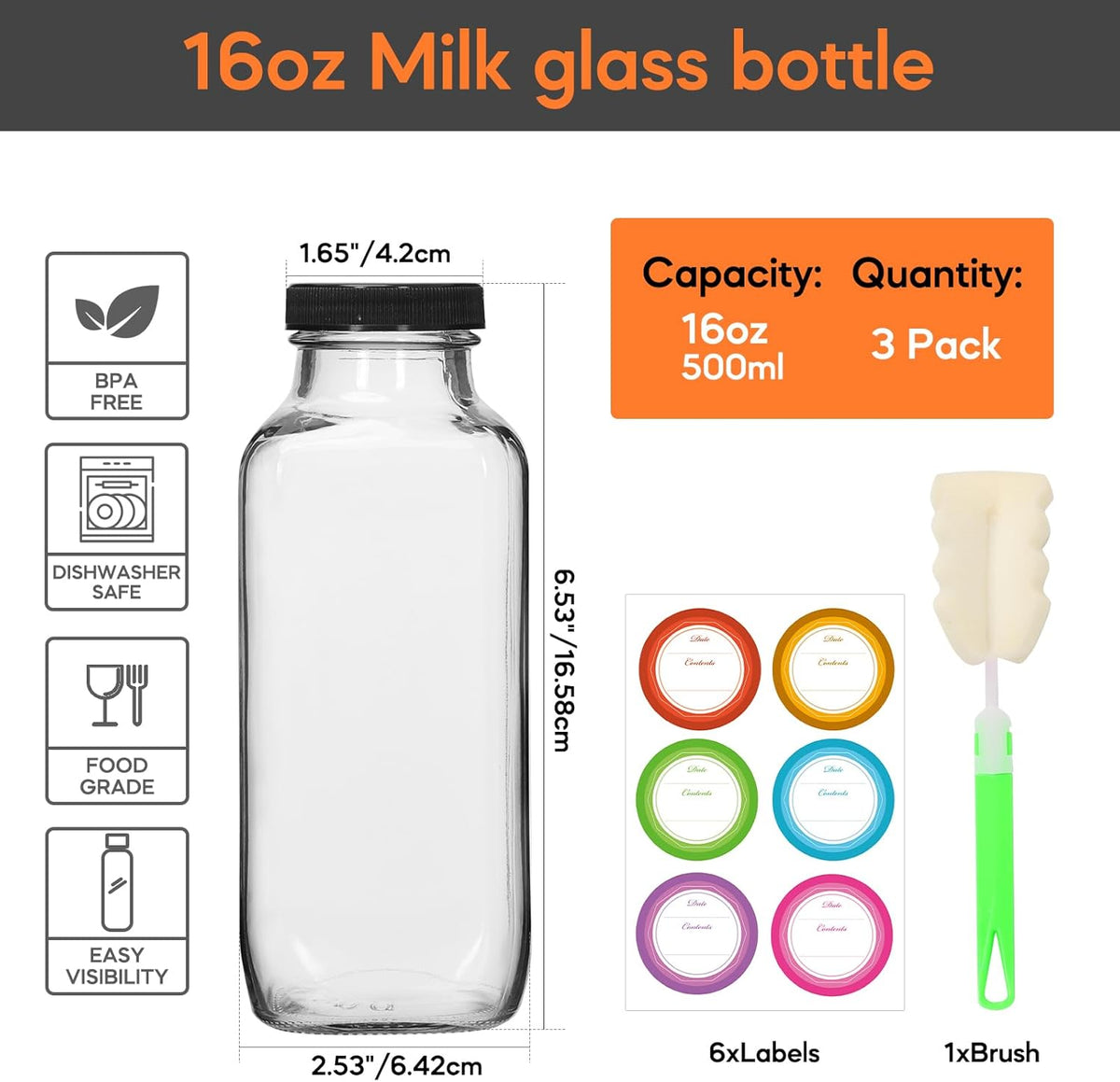 STARSIDE 16 oz Glass Juice Bottles with Lids 3 Pack - Square Reusable Drinking Jars for Juicing, Milk, Kombucha - Includes 1 Bottle Brush, 6 Colored Labels