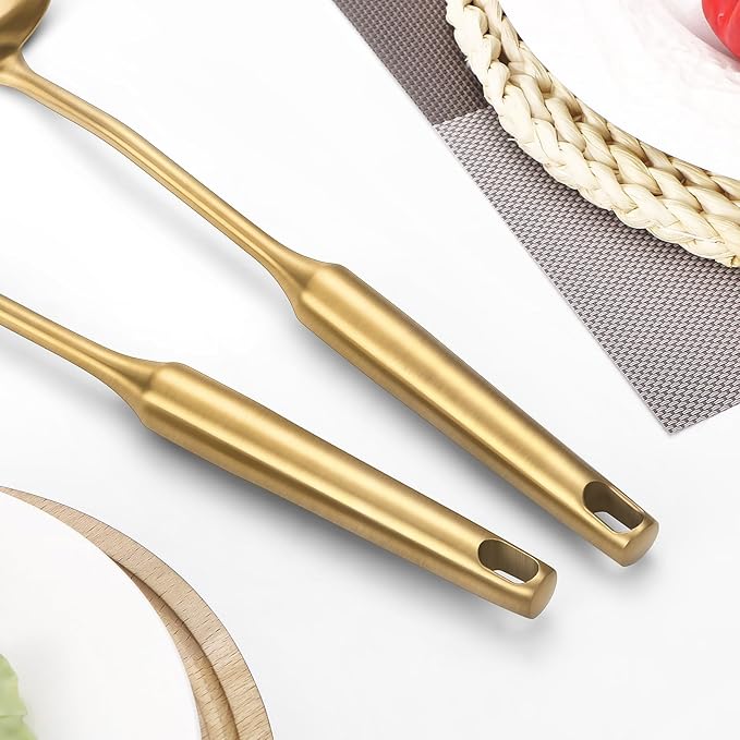 304 Stainless Steel Cooking Utensil,Kitchen Utensil with Spatula, Solid Spoon, Ladle, Skimmer, Spaghetti Spoon, 6 Piece Set, Dishwasher Safe(Gold)