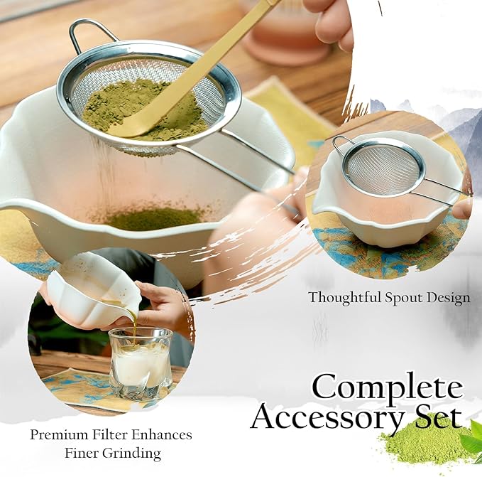 Matcha Whisk Set, Pink Matcha Bowl with Spout, 8PCS Matcha kit, Matcha Whisk and Bowl, Matcha Chasen, Bamboo Scoop, Scoop Rest, Sifter and Tea Towel, Gifts and Ceremony Set for Macha Lovers.(Pink)