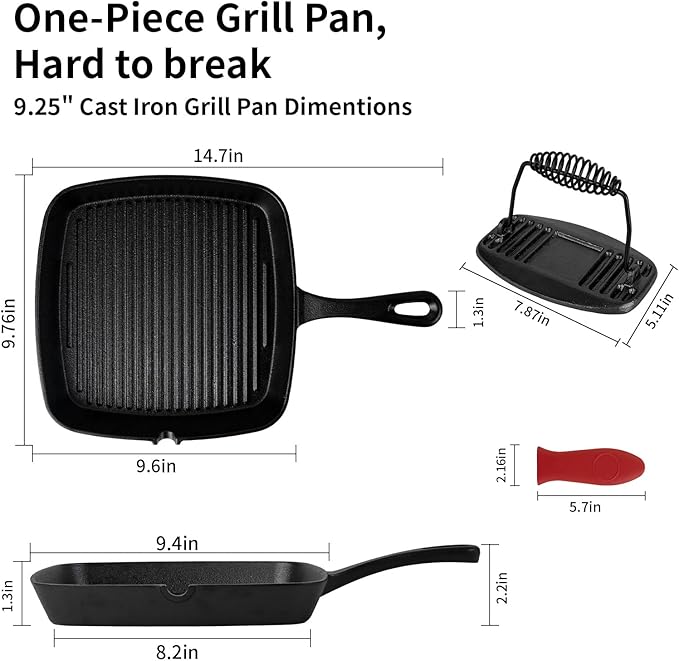 Cast Iron Grill Pan,9.25" Pre Seasoned Skillet with Pour Spouts,Silicone Handle Cover for Indoor and Outdoor Grilling,Durable Oven Safe,Stove Campfire Use(Black)