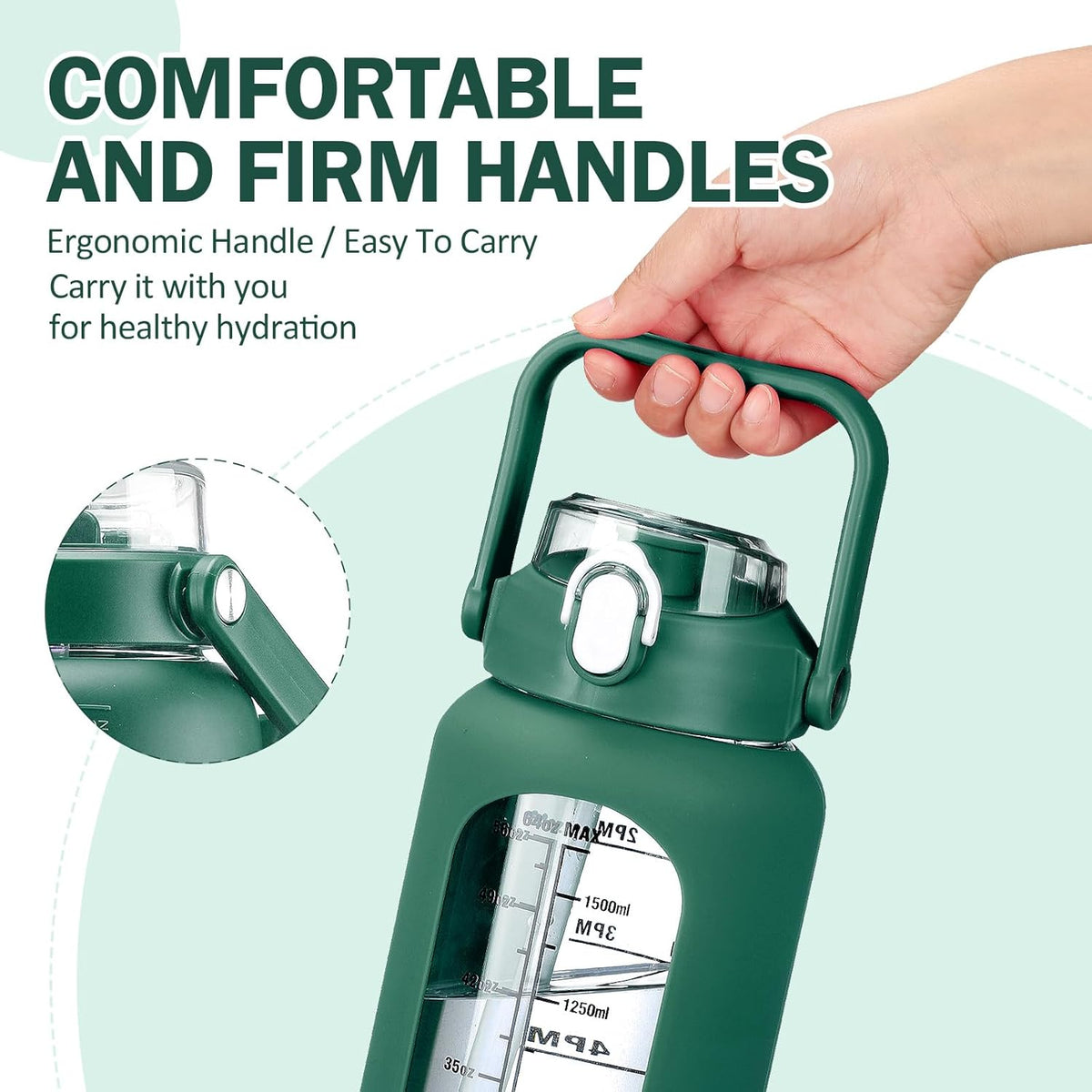 kytffu 64oz Glass Water Bottles with Straw, Half Gallon Motivational Glass Bottle with Silicone Sleeve and Time Marker, 2L Leakproof Large Glass Water Jug for Gym Home Office, Ink Green