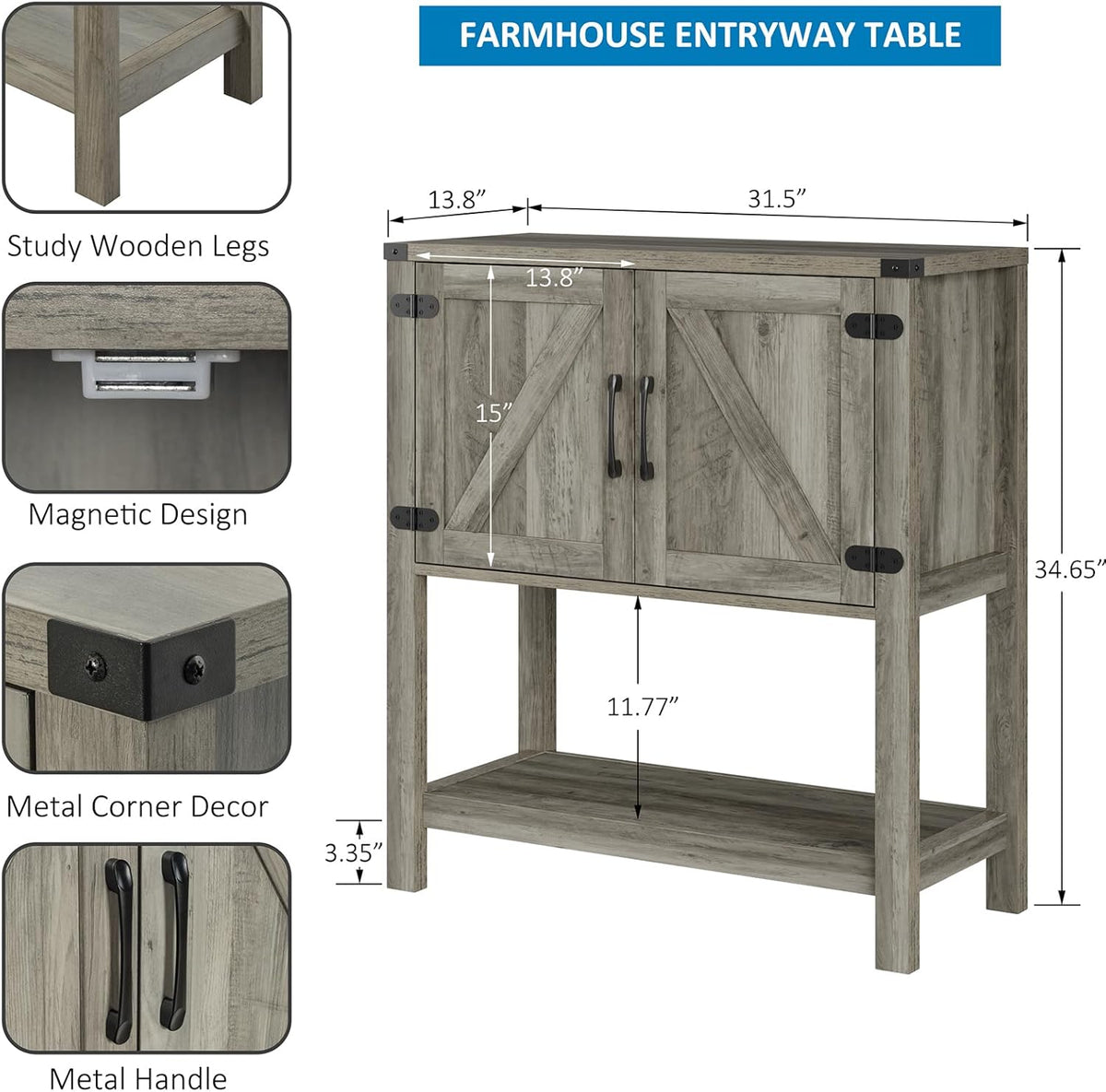 Console Table with 2-Door Cabinet Coffee Bar Cabinet Sofa Table,Entryway Table with Storage, Farmhouse Buffet Sideboard (Grey)