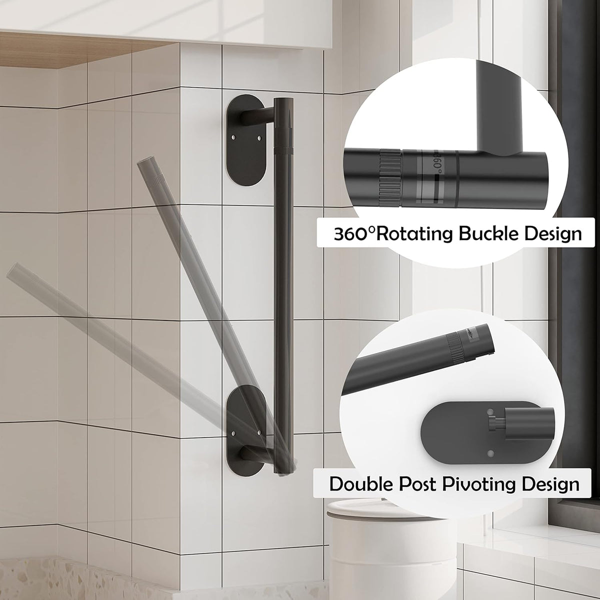 Ruacq Matte Black Paper Towel Holder Double Post Pivoting Round Base Under Cabinet Paper Towel Holder for Kitchen Self-Adhesive or Drill mounting